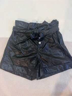 Hope's Black High-Waist Faux Leather Paperbag Shorts with Tie Belt